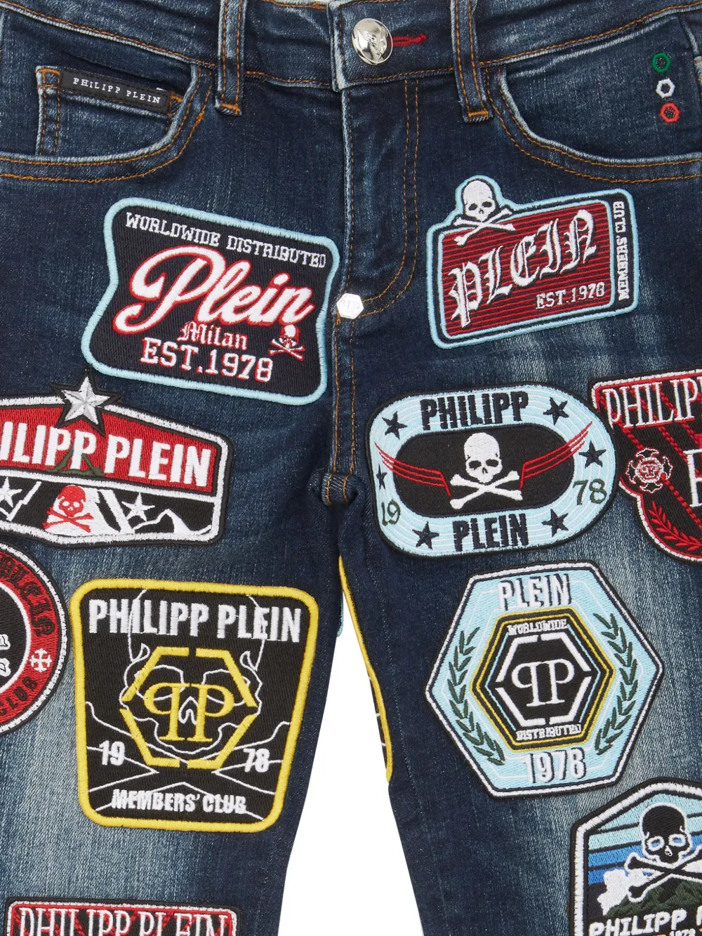 Philipp Plein Junior Viintage Effect Patches jeans Blauw