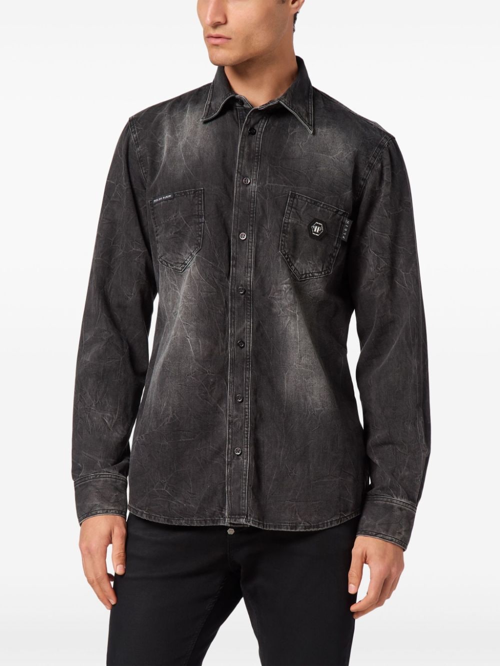 Shop Philipp Plein Skull & Bones Denim Shirt In 灰色