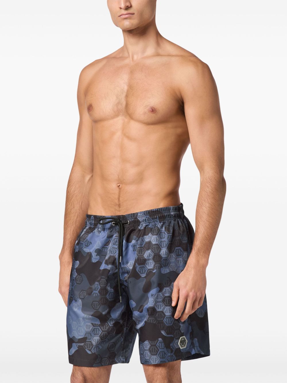 Shop Philipp Plein Monogram Pattern Swim Shorts In Blue