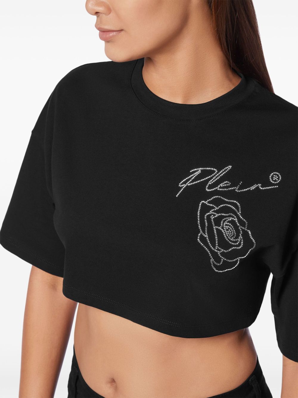 Shop Philipp Plein Roses Crop Top In "02 Black"