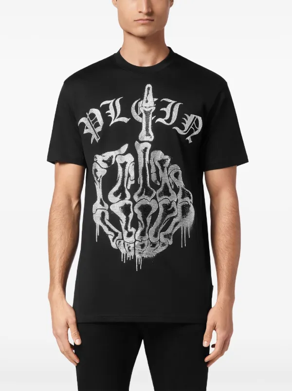 フィリッププレイン メンズ Tシャツ ブラック スカル ドクロ ラインストーン PHILIPP PLEIN tシャツ 黒 ブラック スカル ラインストーン