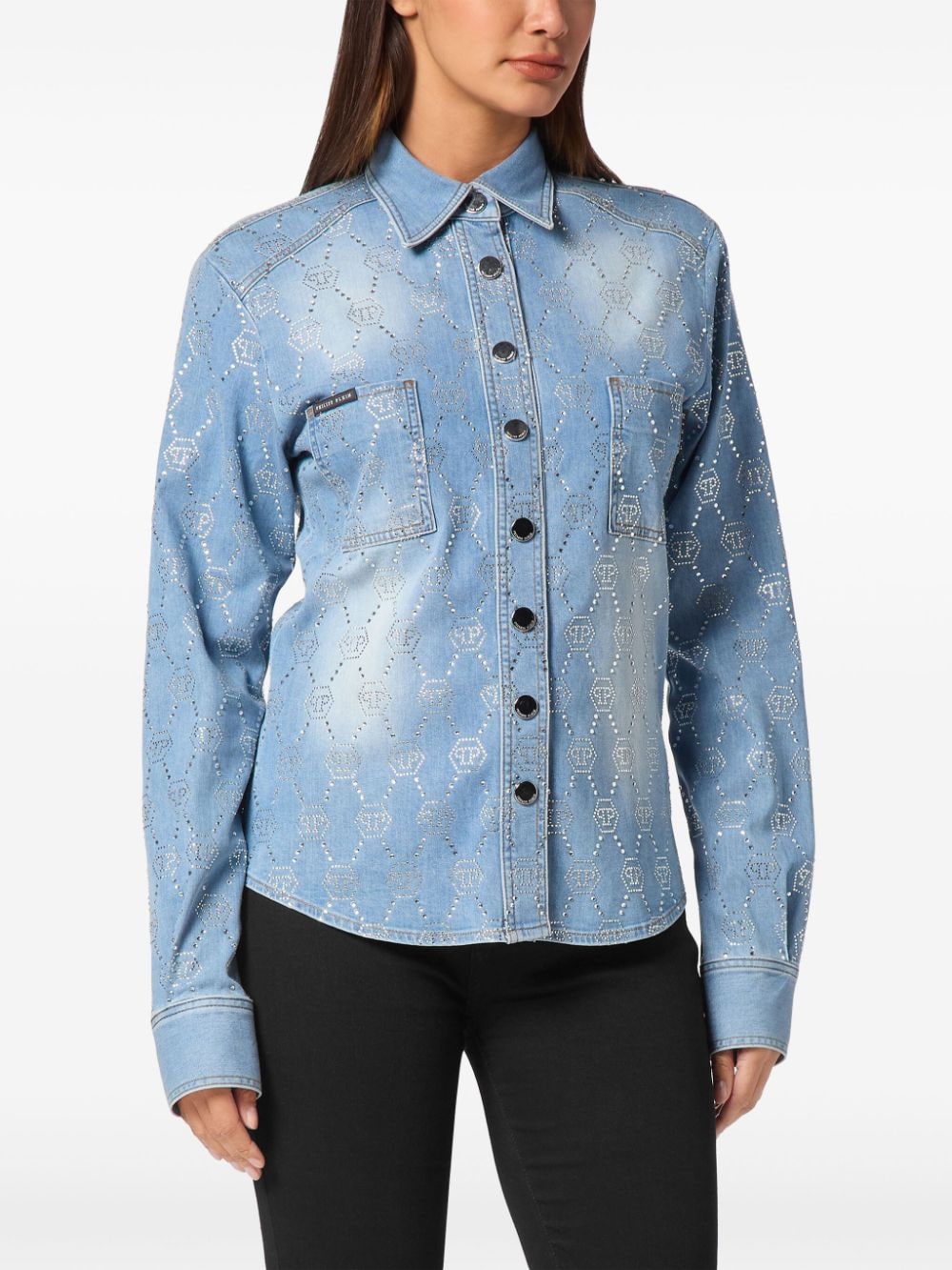 Shop Philipp Plein Monogram Denim Shirt In Blue