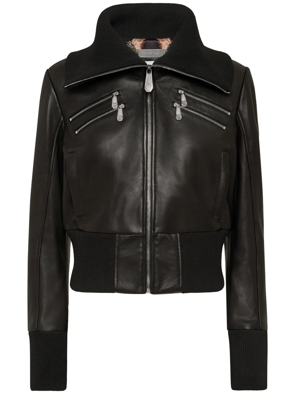 Philipp Plein Leren jack met rits en gebreide kraag Zwart