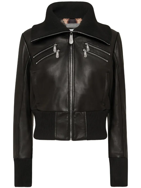 Philipp Plein ニットカラー レザージャケット | ブラック | FARFETCH JP
