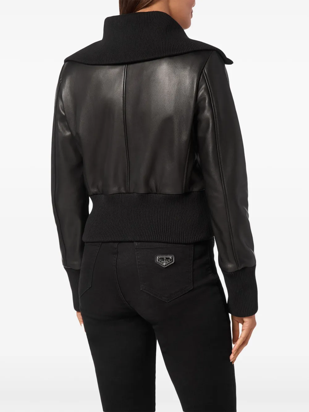 Philipp Plein Leren jack met rits en gebreide kraag - Zwart