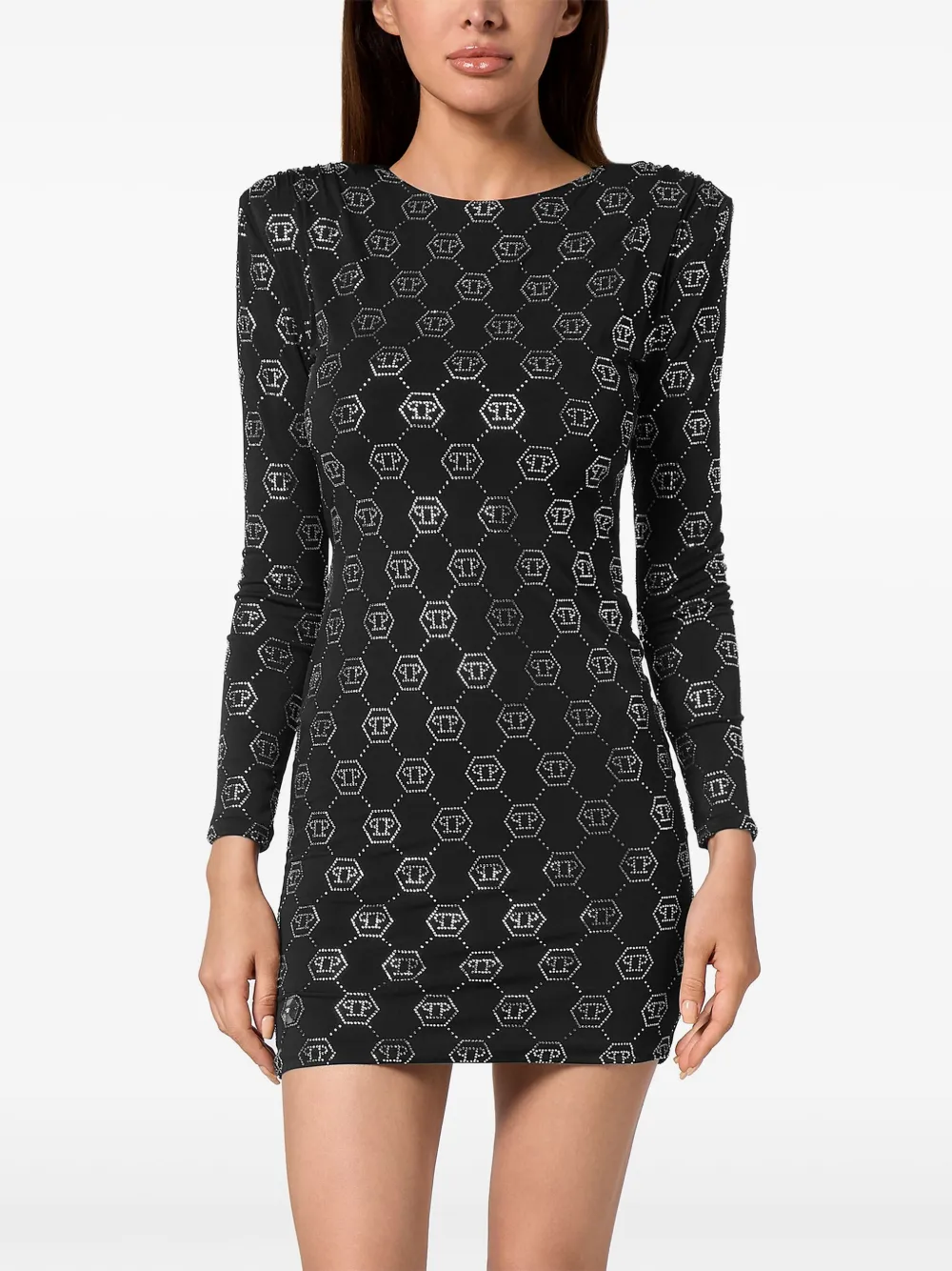 Philipp Plein Jurk met gewatteerdee schouders en monogram - Zwart