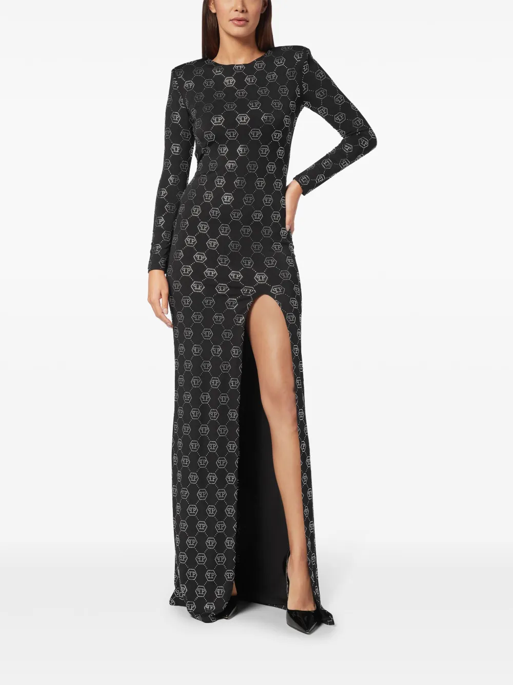 philippplein Philipp Plein Maxi-jurk verfraaid met monogram - Zwart