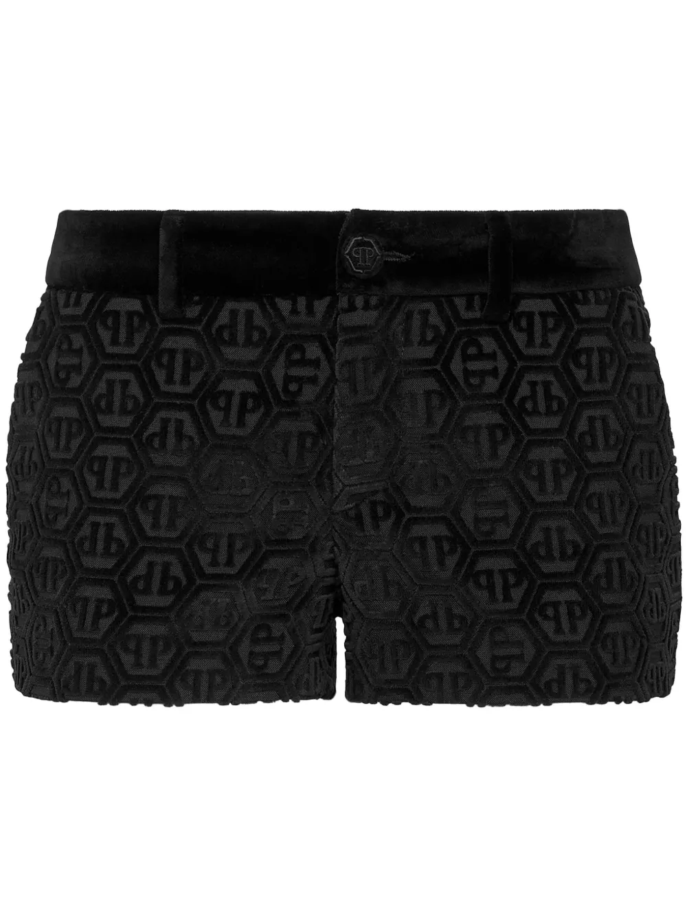 PHILIPP PLEIN MONOGRAM-PATTERN VELVET MINI SHORTS