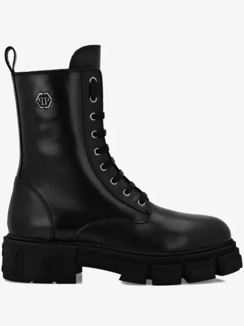 Philipp Plein Bota de couro com logo hexagonal