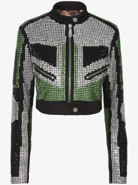 Philipp Plein chamarra biker corta de piel con strass
