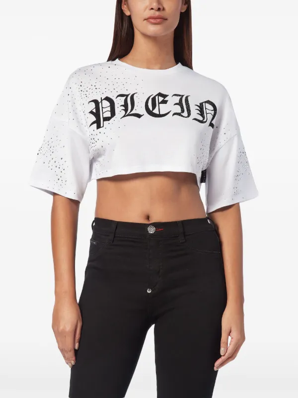 Philipp Plein カットソー 半袖 ホワイト ビーズ C40 Philipp Plein crystal-embellished Cropped T-shirt | White