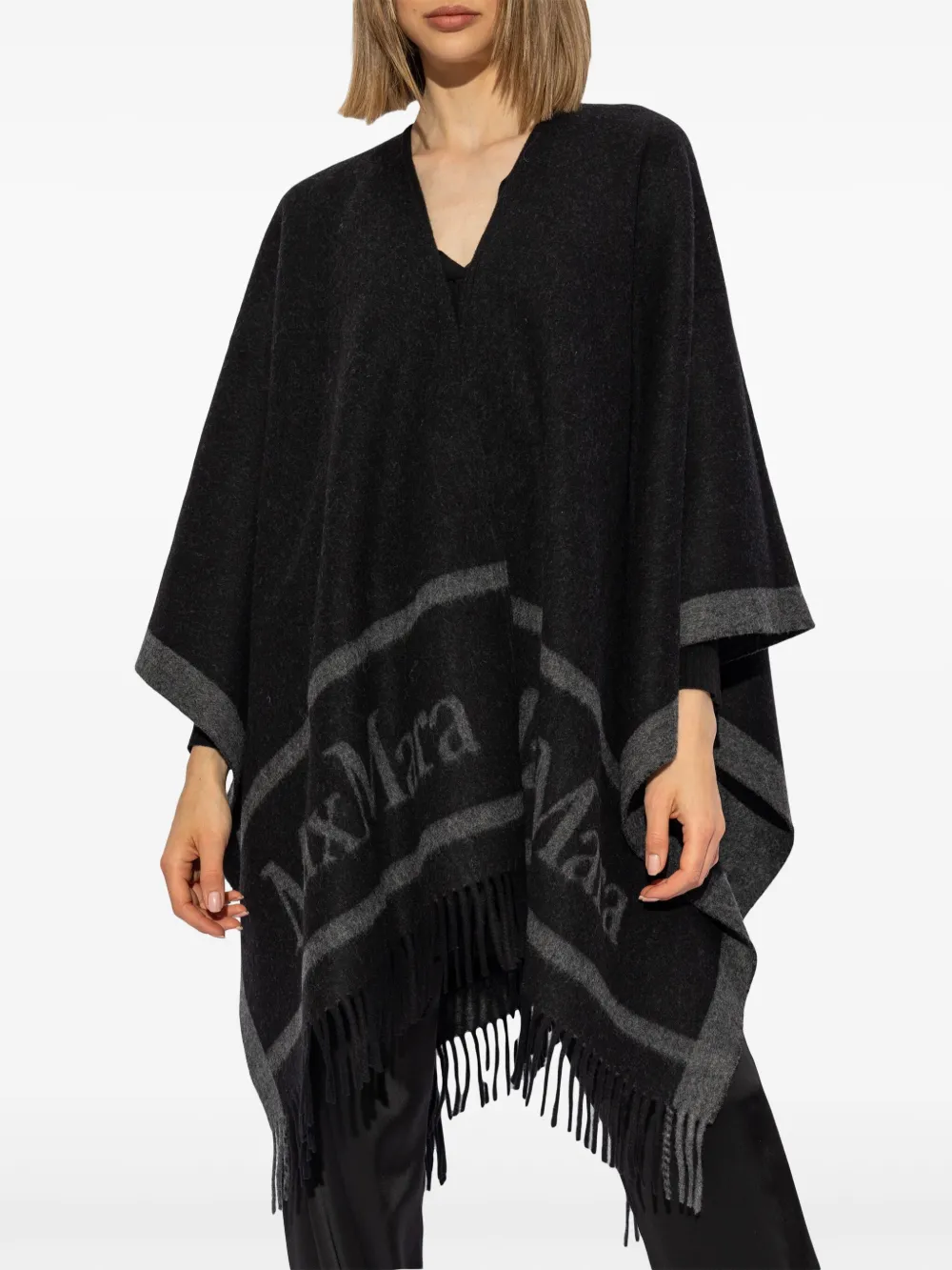 Max Mara logo-lettering Fringed Wool Cape | Black | FARFETCH