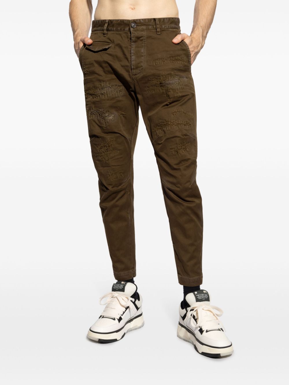 Shop Dsquared2 Distressed Tapered Trousers In Brown