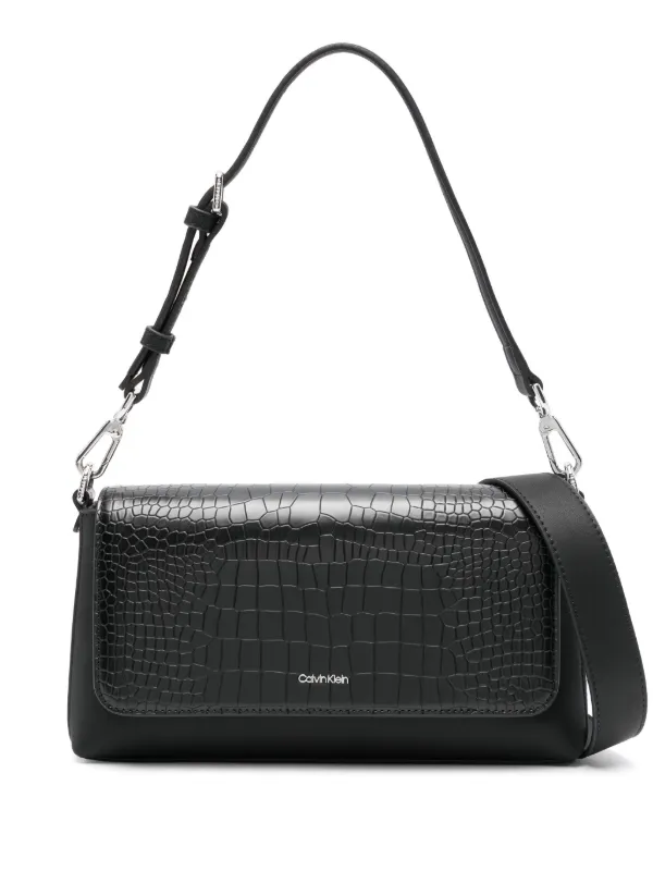 Calvin Klein Embossed Crocodile-effect Logo Plaque Shoulder Bag in Black