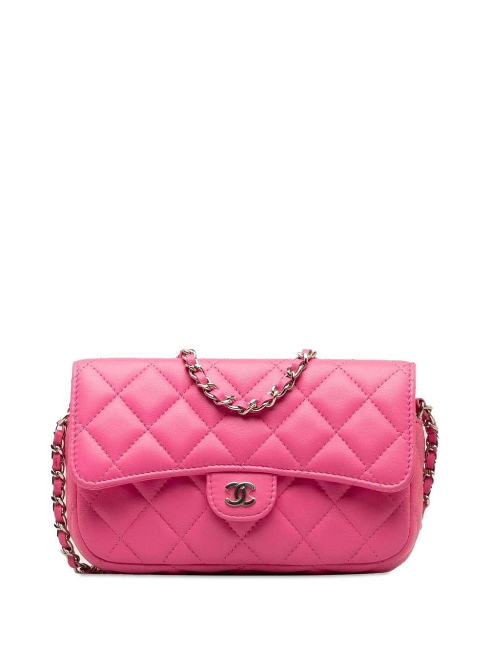 Pre-owned Chanel 2021 Cc Quilted Lambskin Flap Phone Case On Chain Crossbody Bag In Pink