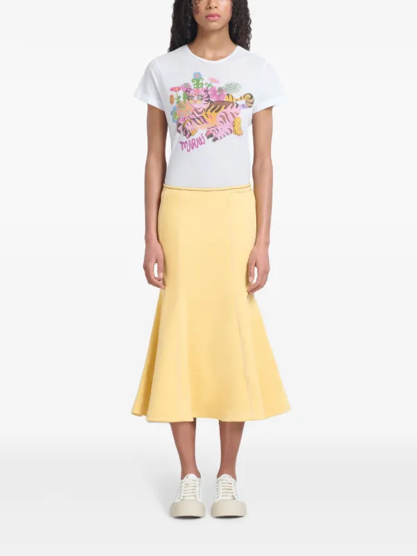 Marni logo embroidered flared hem Midi Skirt Yellow FARFETCH AE