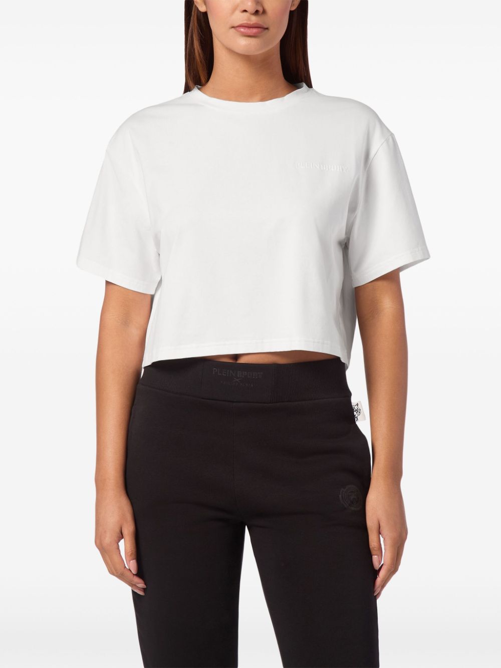 Shop Plein Sport Cropped Crew-neck T-shirt In White