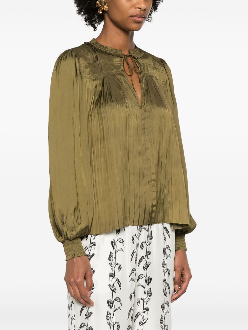 Shop Ulla Johnson Leah Plissé Satin Blouse In Green