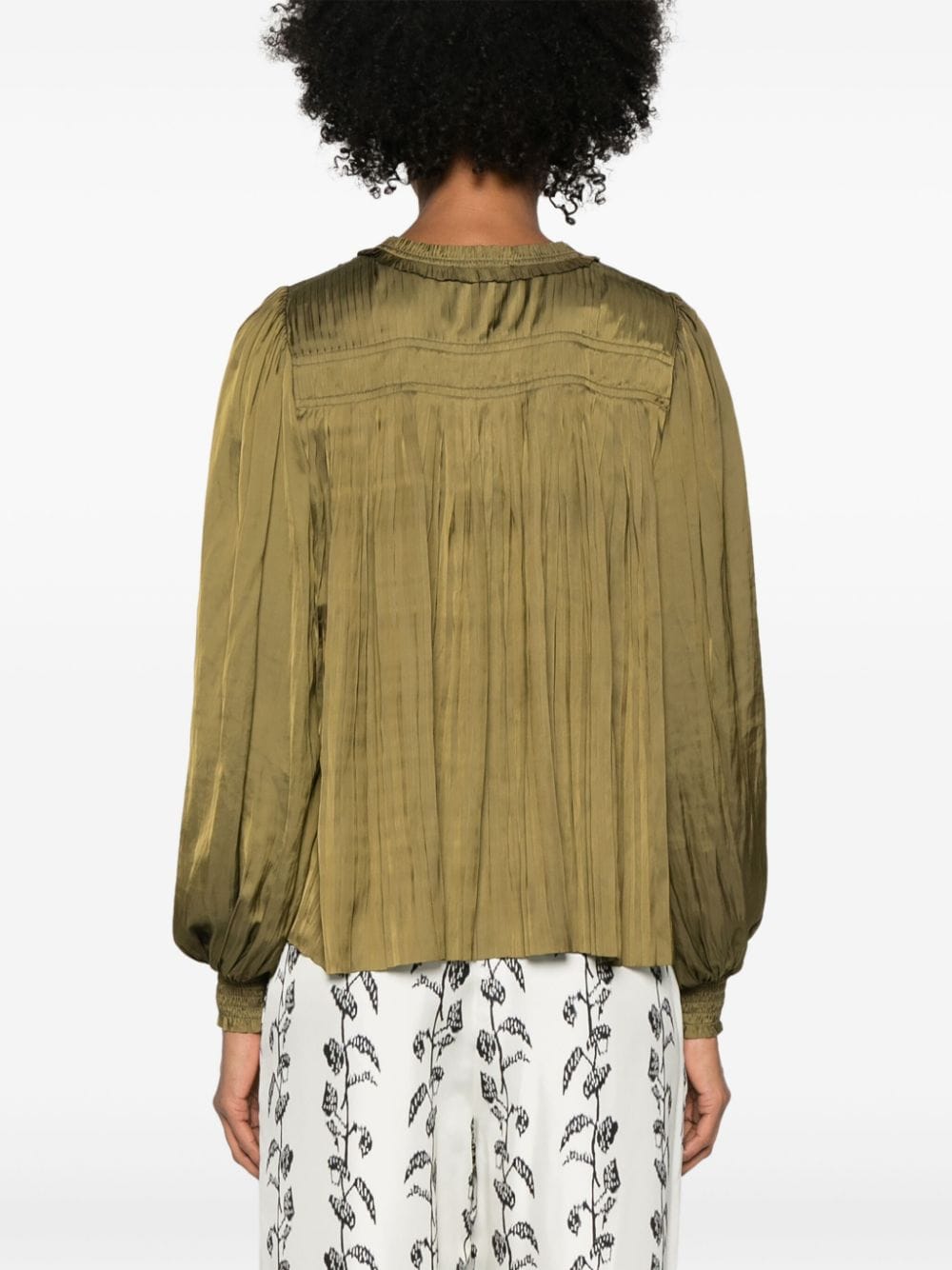 Shop Ulla Johnson Leah Plissé Satin Blouse In Green