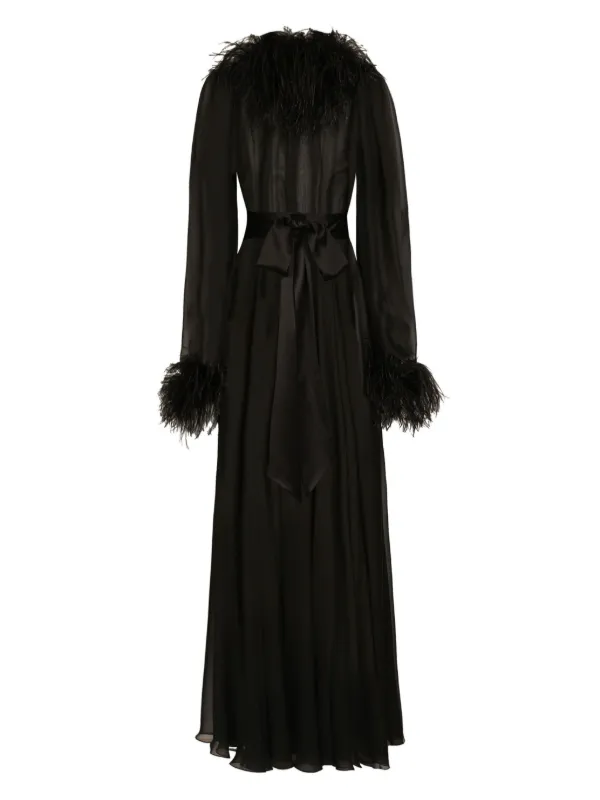Dolce & Gabbana Long Silk Chiffon Dress With Ostrich Feather Details - Black