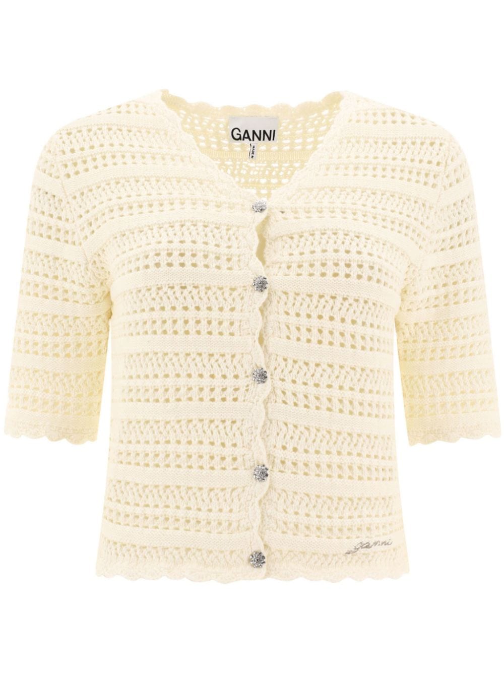 Shop Ganni Organic-cotton Pointelle-knit Cardigan In Yellow