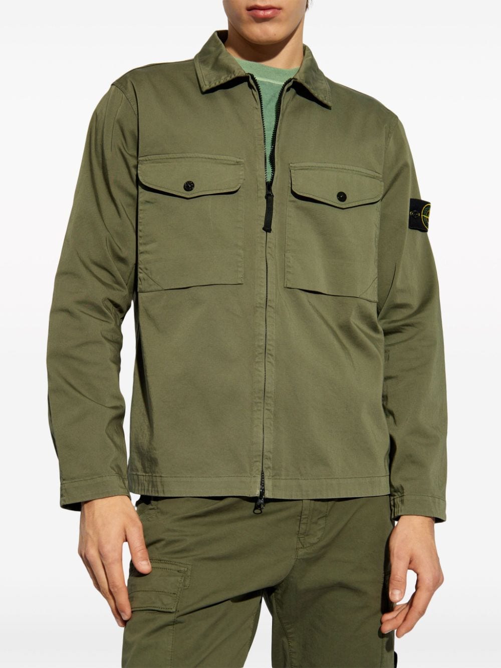 Shop Stone Island Compass-logo Zip-up Shirt Jacket In Green