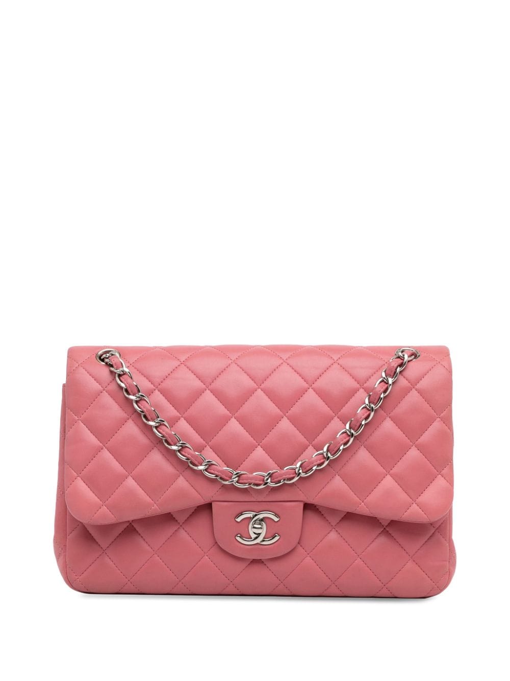 Pre-owned Chanel 2013-2014 Jumbo Classic Lambskin Double Flap Shoulder Bag In Pink