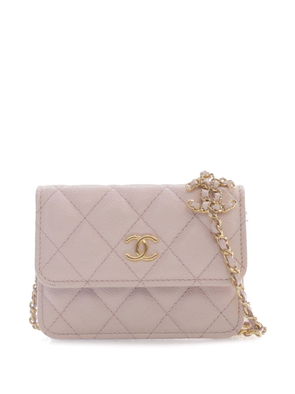Pre-owned Chanel 2021 Cc Quilted Caviar Coco Card Holder On Chain Crossbody Bag In Purple