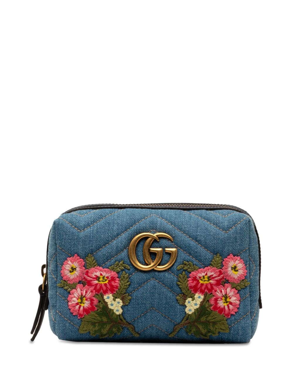 Pre-owned Gucci 2016-2023 Gg Marmont Embroidered Matelasse Denim Pouch In Blue