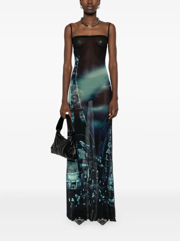 Jean Paul Gaultier Pigalle-print Mesh Maxi Dress | Blue | FARFETCH