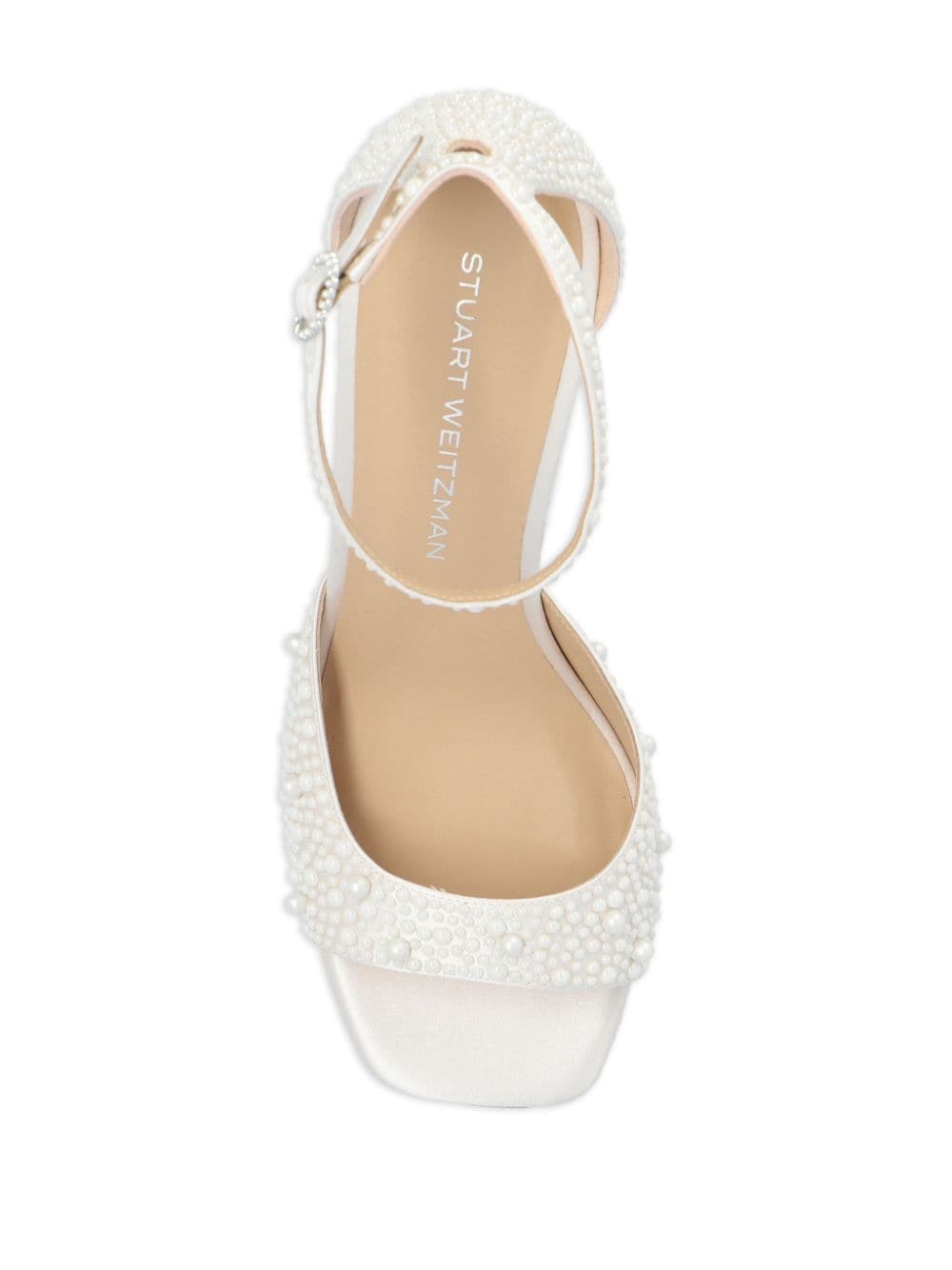 Shop Stuart Weitzman Faux-pearl-embellished 75mm Leather Sandals In White