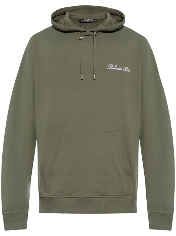 Balmain logo embroidered Drawstring Hoodie Green FARFETCH CA