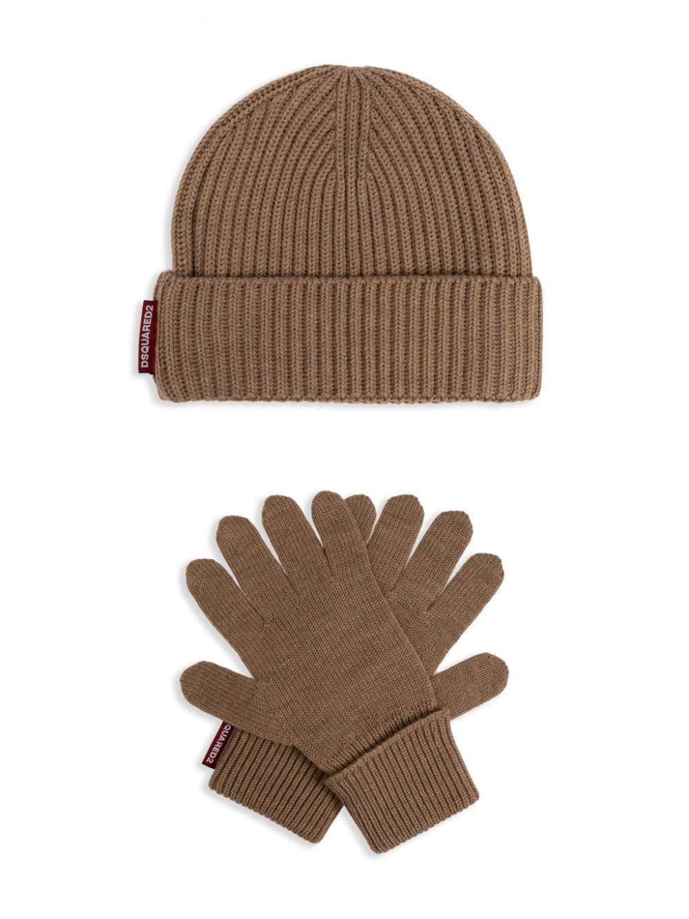 Dsquared2 Knitted Wool Beanie And Gloves Set In Brown