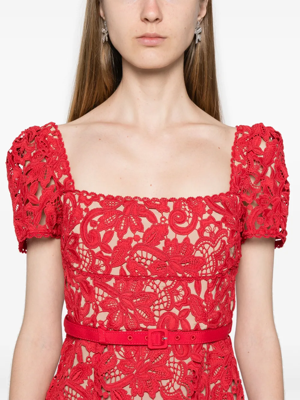 Self-Portrait Midi-jurk met bloemenkant Rood