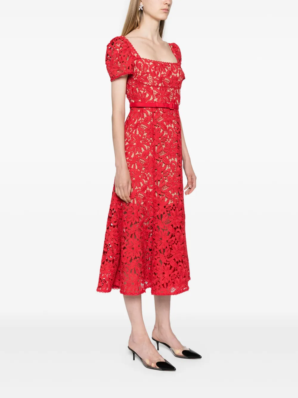 Self-Portrait Midi-jurk met bloemenkant Rood