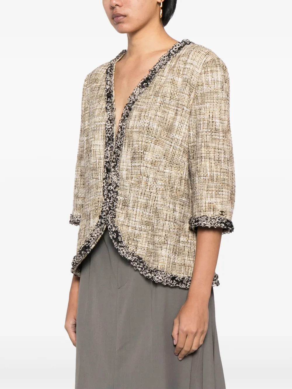 Pre-owned Chanel 2003 Collarless Tweed Jacket In Brown