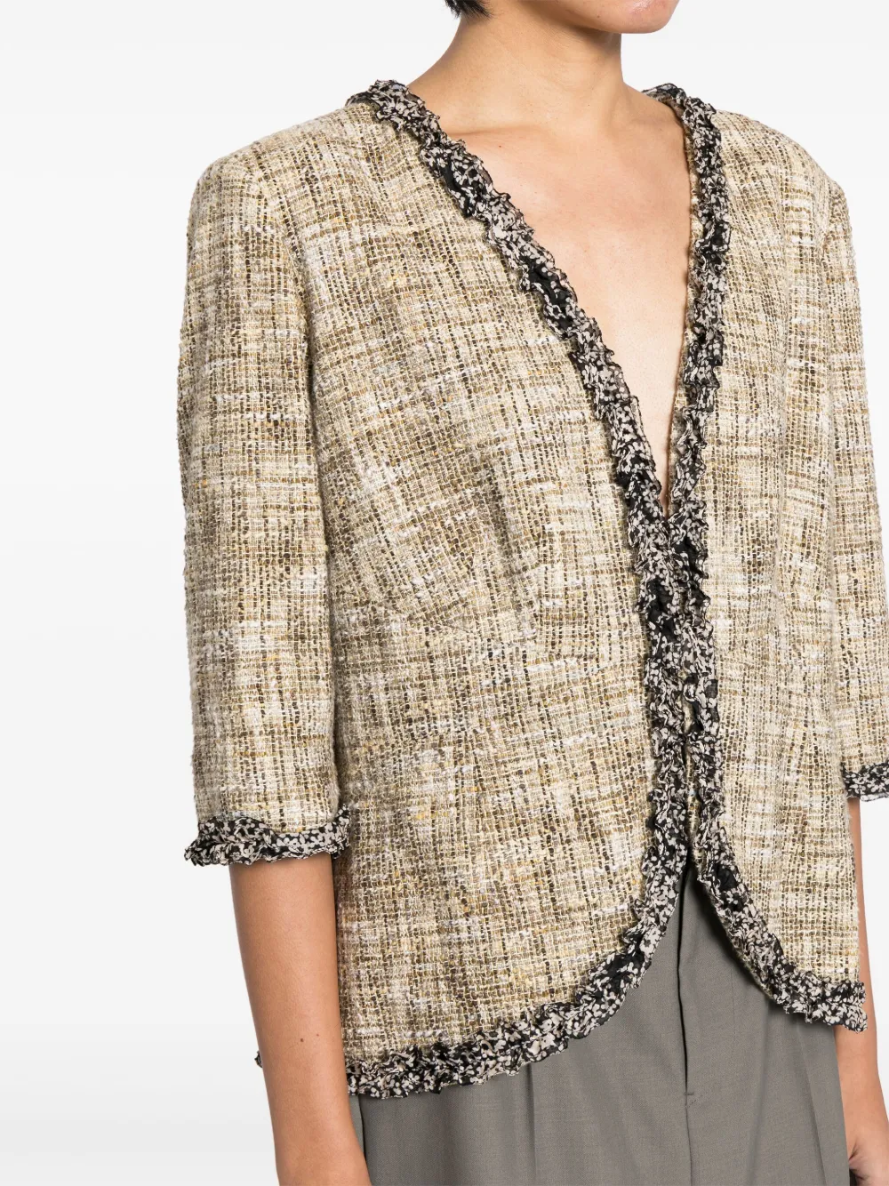 Pre-owned Chanel 2003 Collarless Tweed Jacket In Brown