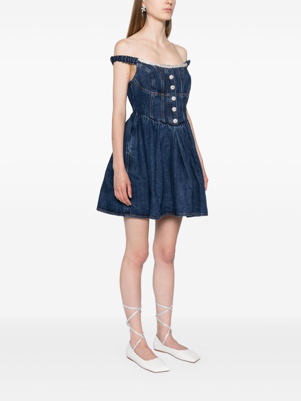 Shop Self-portrait Crystal-embellished Denim Mini Dress In Blue