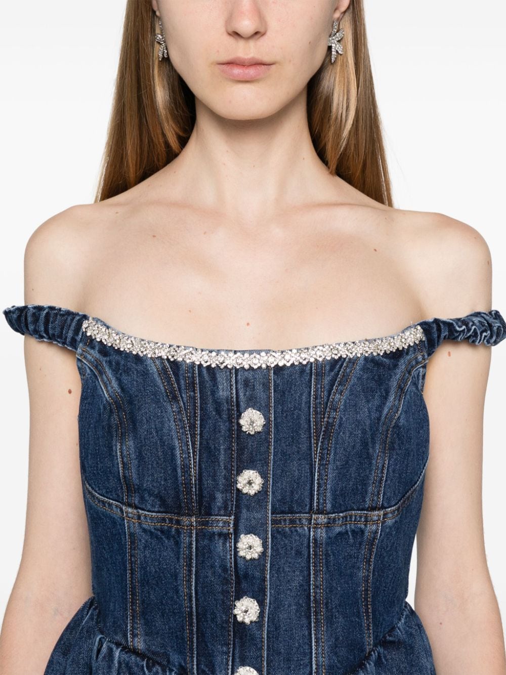 Shop Self-portrait Crystal-embellished Denim Mini Dress In Blue