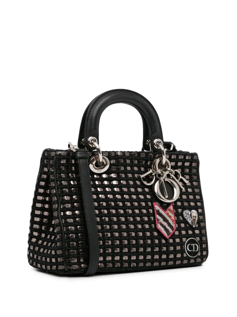 Pre-owned Dior 2015 Small Metallic Tweed Lady  Satchel In Black