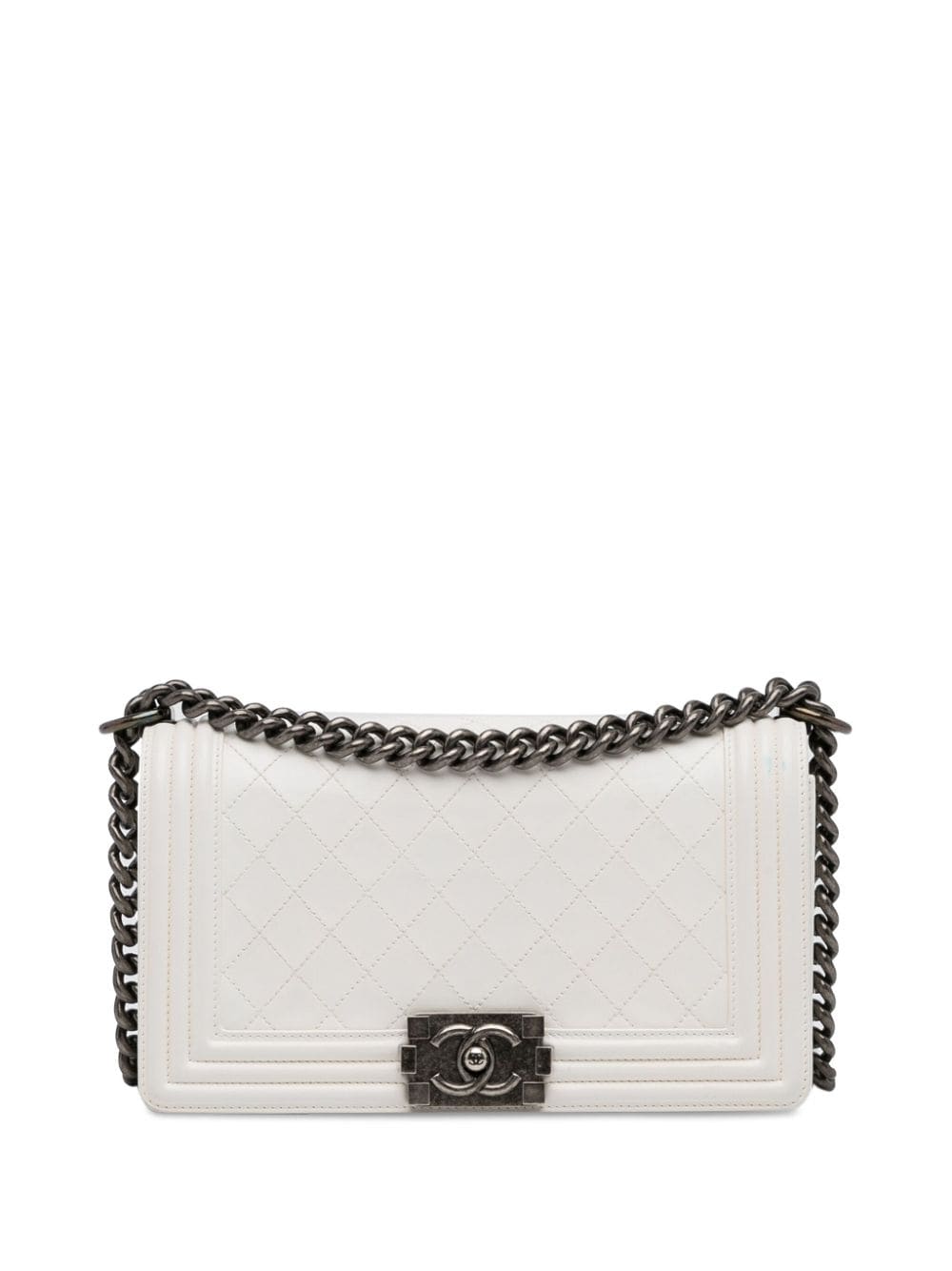 Pre-owned Chanel 2013-2014 Medium Lambskin Boy Flap Shoulder Bag In White