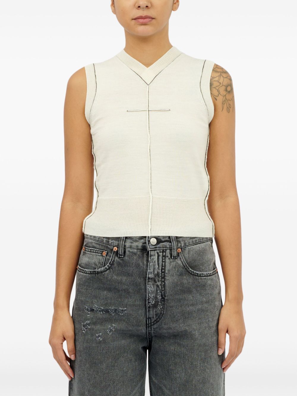 Shop Mm6 Maison Margiela Stitch-detail Wool-knit Vest Top In White