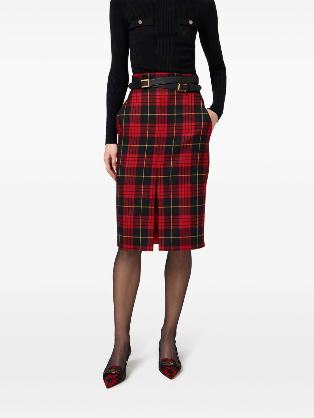 Shop Elisabetta Franchi Belted Tartan Midi Skirt In Red