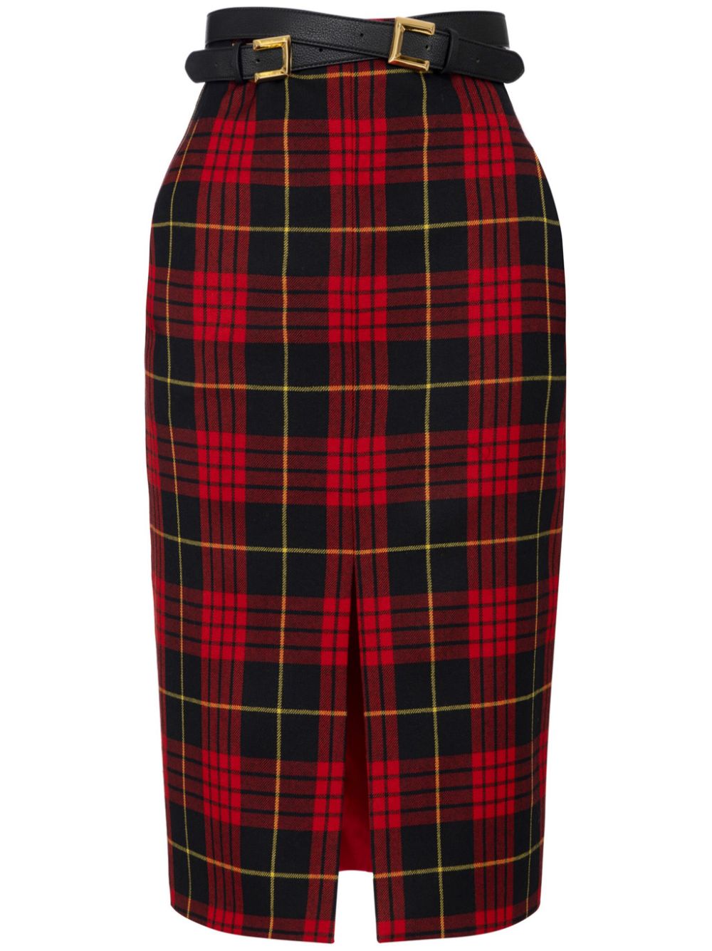 Shop Elisabetta Franchi Belted Tartan Midi Skirt In Red