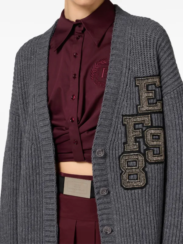 Elisabetta Franchi logo-patch ribbed-knit Cardigan | Grey | FARFETCH