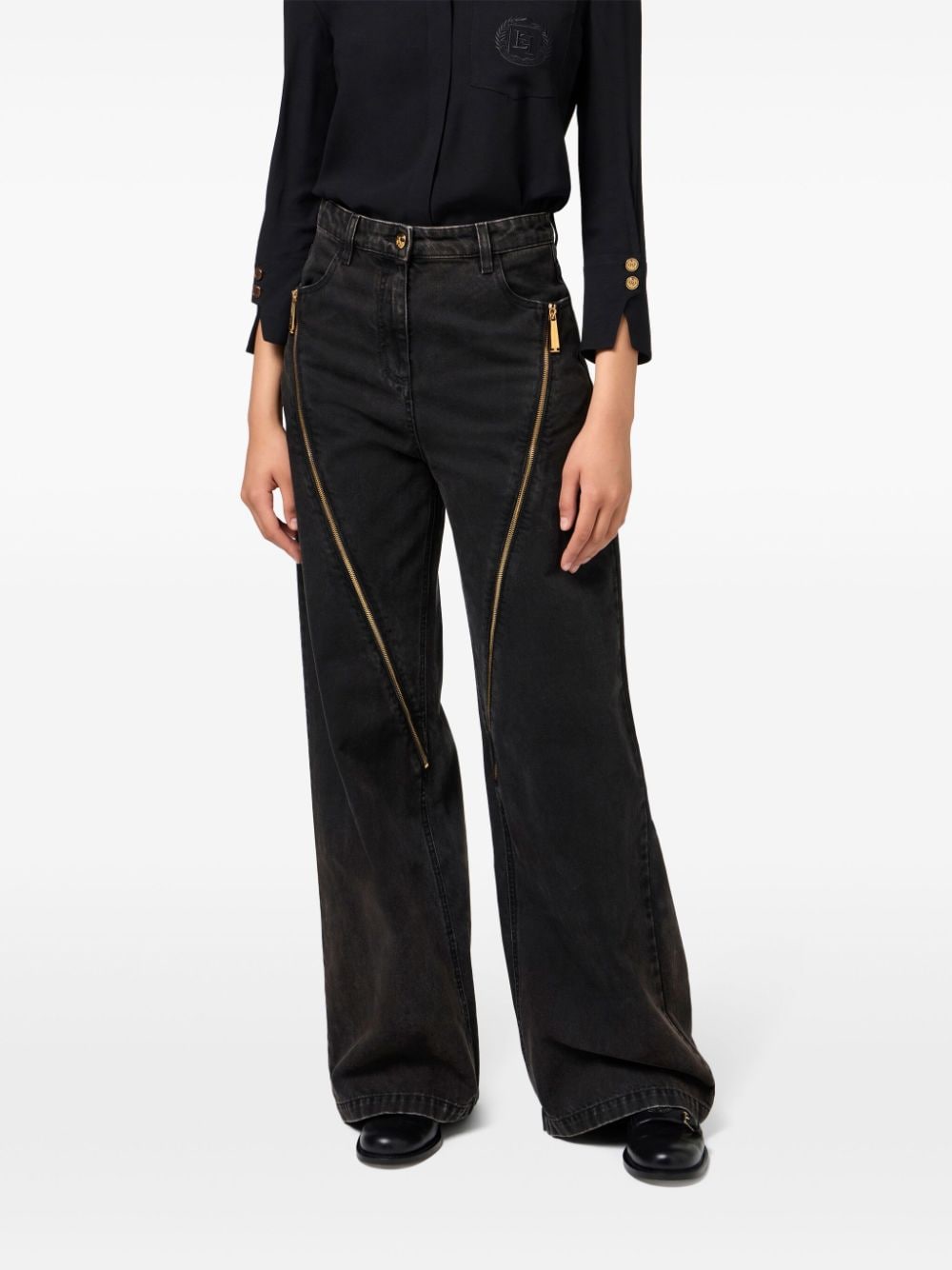 Shop Elisabetta Franchi Zipped Wide-leg Jeans In Black