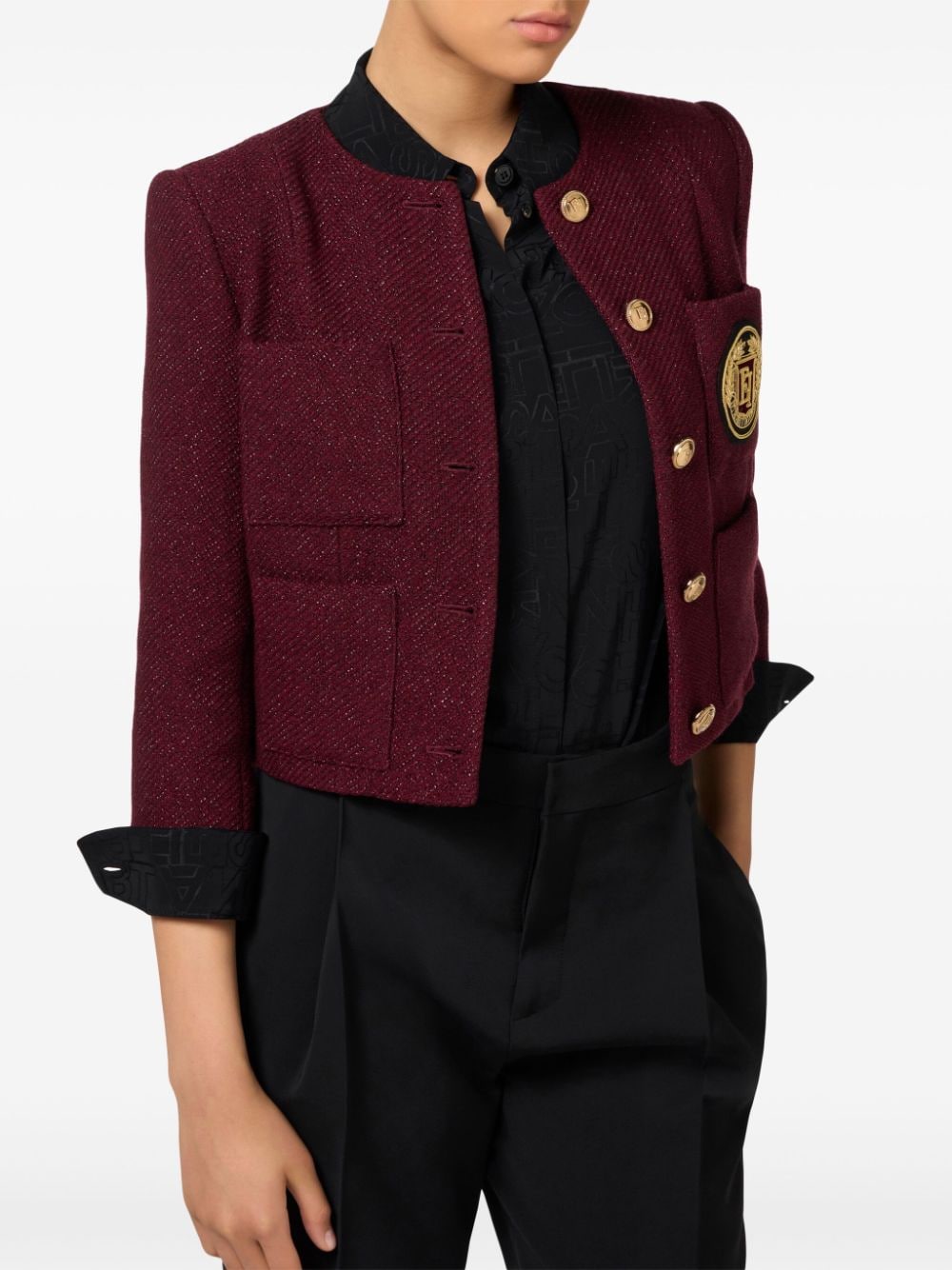 Shop Elisabetta Franchi Logo Patch Tweed Jacket In Red