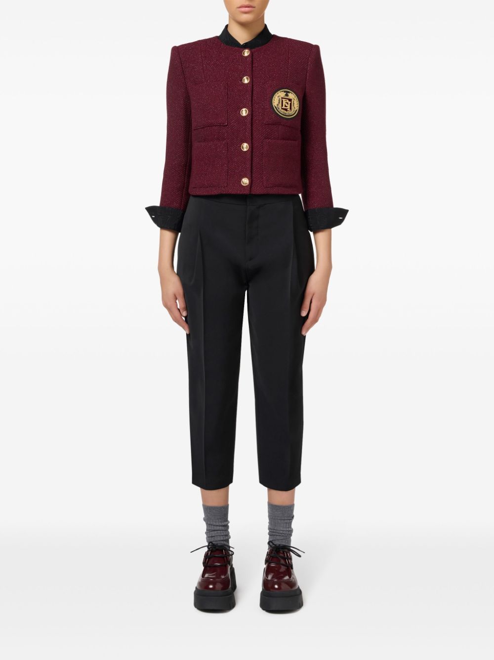 Shop Elisabetta Franchi Logo Patch Tweed Jacket In Red