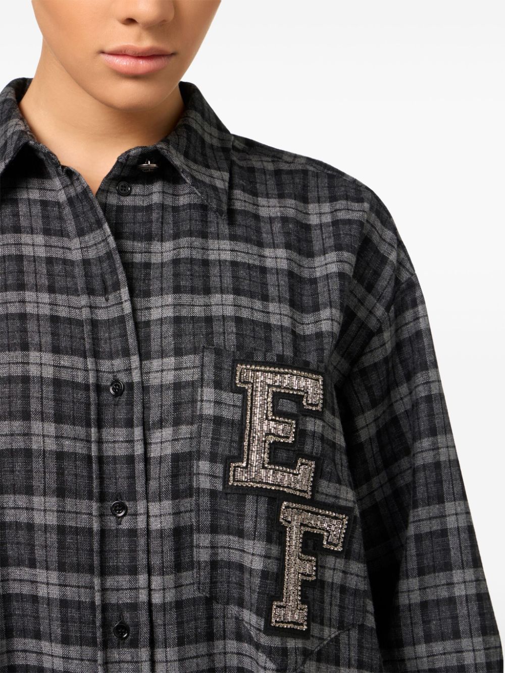 Shop Elisabetta Franchi Patch-embroidered Tartan Shirt Dress In Grey