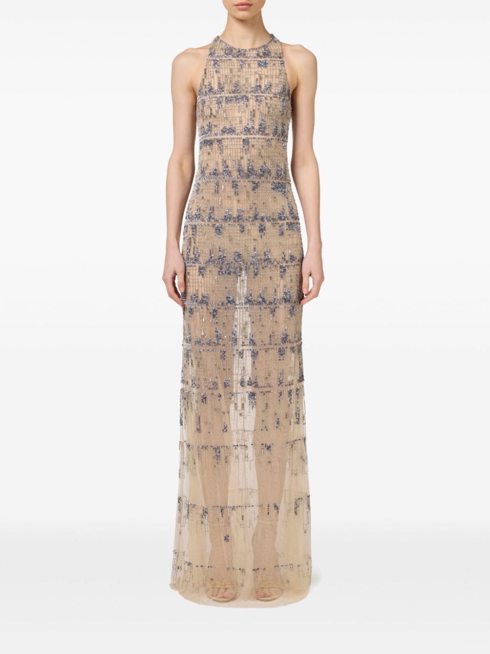 Shop Elisabetta Franchi Pixel-pattern Sequin-embroidered Tulle Red Carpet Dress In Neutrals